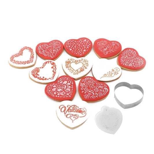 kowanii Valentine Cookie Decorating Stencil and Cutter Set, 11-Pieces Cookie Stencils for Royal Icing, 1-Piece Love Heart Cookie Cutter(Valentine's Day)